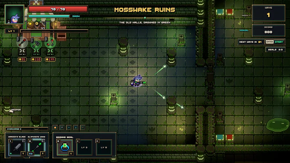 The Mosswake Ruins title over a green-lit hall of stone tiles
