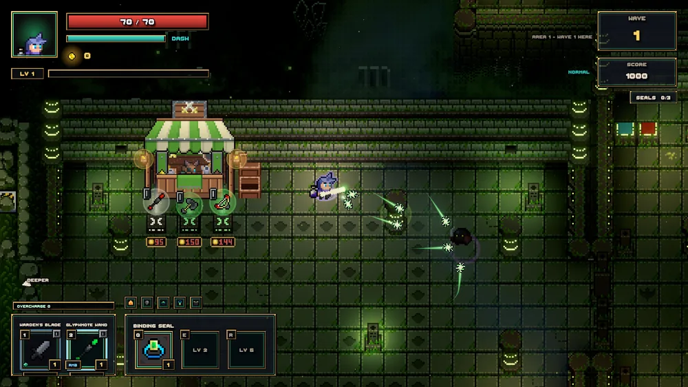 A Warden in mossy stone ruins firing mint-green motes from a wand at a shadowy enemy, with the health bar, wave counter and seal count on screen