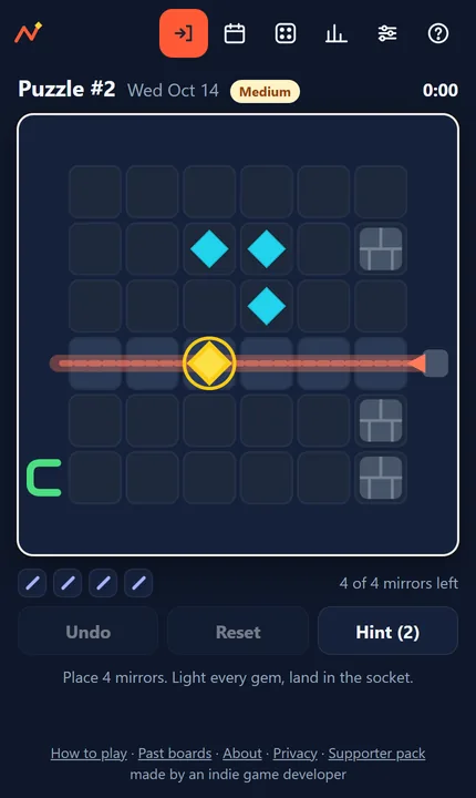 Beamzag on a phone: puzzle #2 with its laser crossing the board and four mirrors waiting in the tray