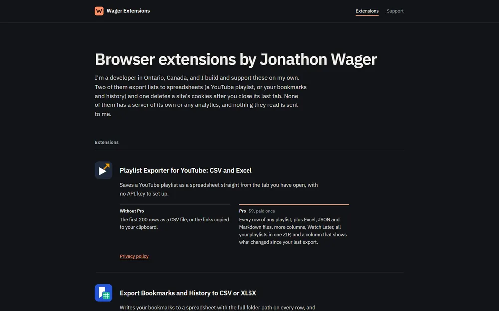 The Wager Extensions site: the playlist exporter's free and Pro features side by side
